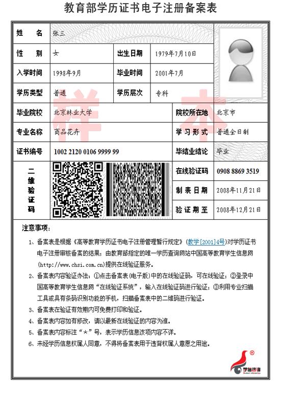 《教育部学历证书电子注册备案表》样本